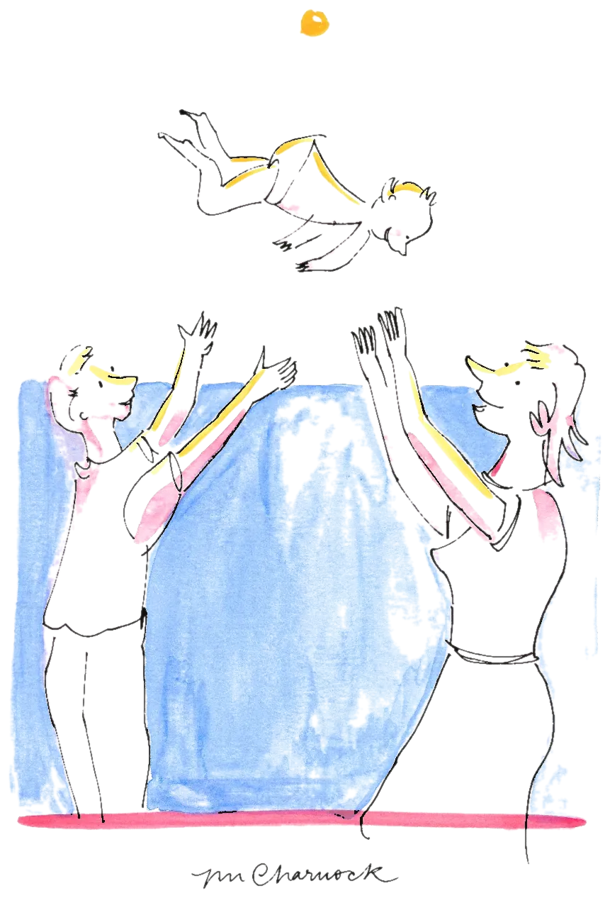 Ink and watercolour illustration of a bouquet in the air above two guests with their arms raised, drawn live at a wedding