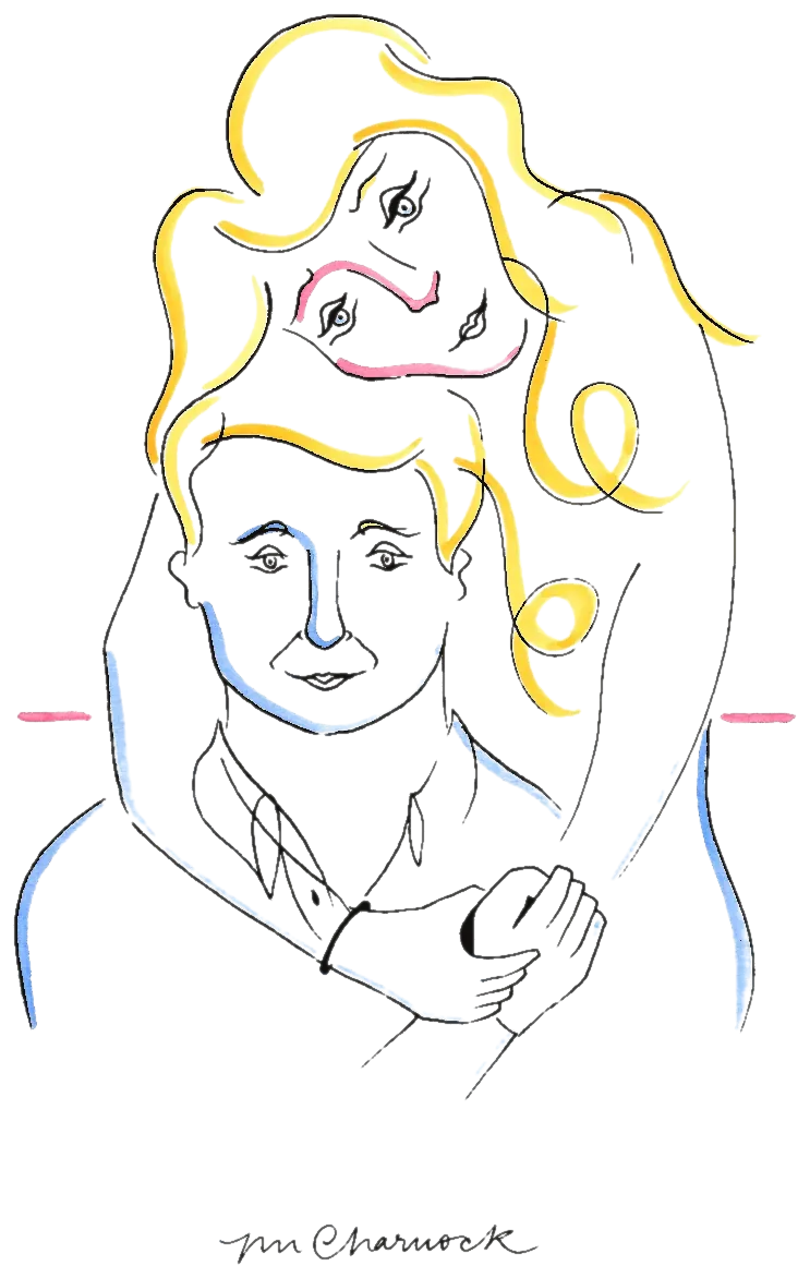 Ink and watercolour drawing of a woman standing behind a seated man with her arms around his shoulders, her hair in yellow wash and his face lined in blue