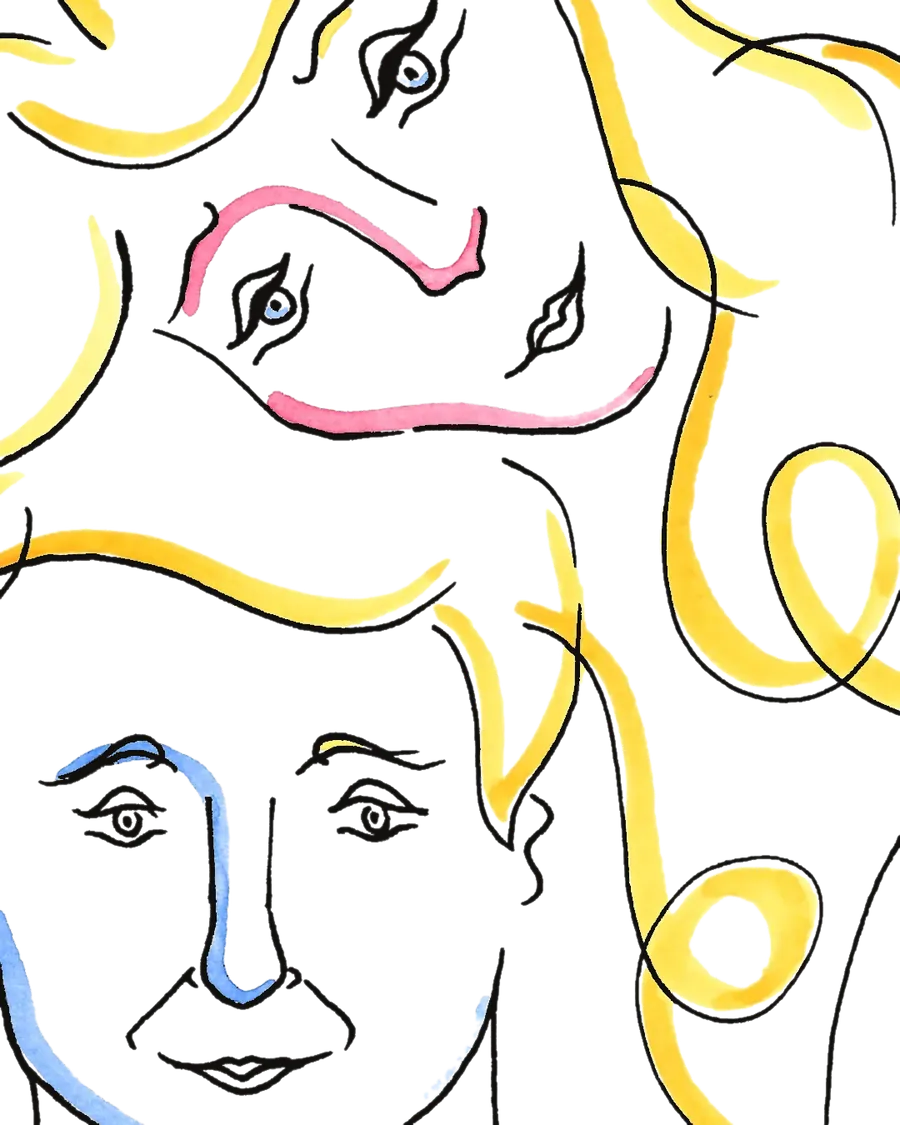 Ink and watercolour drawing of two faces close up and overlapping, the upper one with pink lips and the lower one with a blue line down the nose, hair in loops of yellow