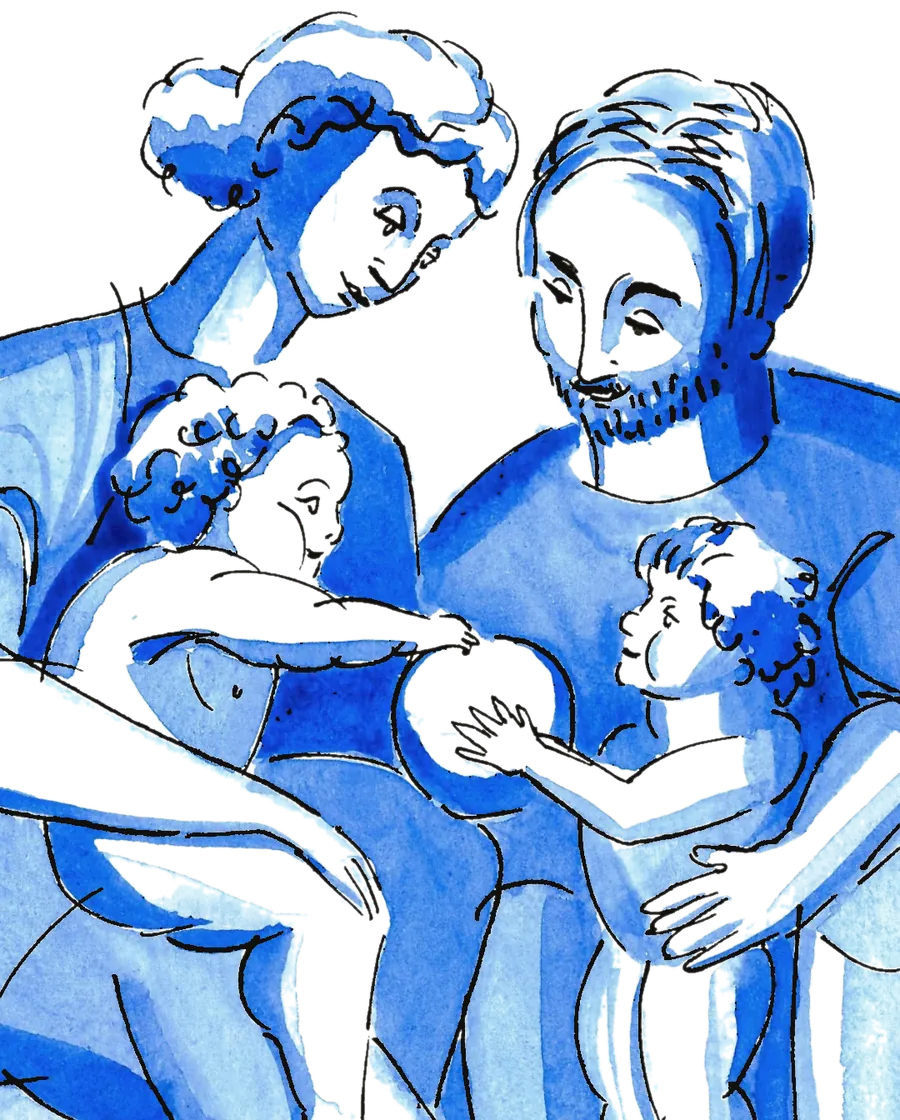 Ink and watercolour drawing in deep blue wash of a couple seated together holding two small children
