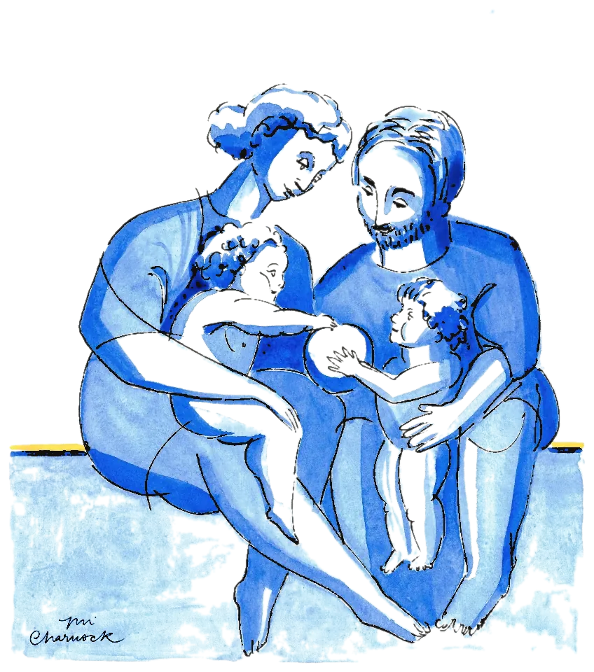 Ink and watercolour drawing in blue wash of two parents seated on a bench with two small children on their laps, the whole sheet in blues over a yellow line