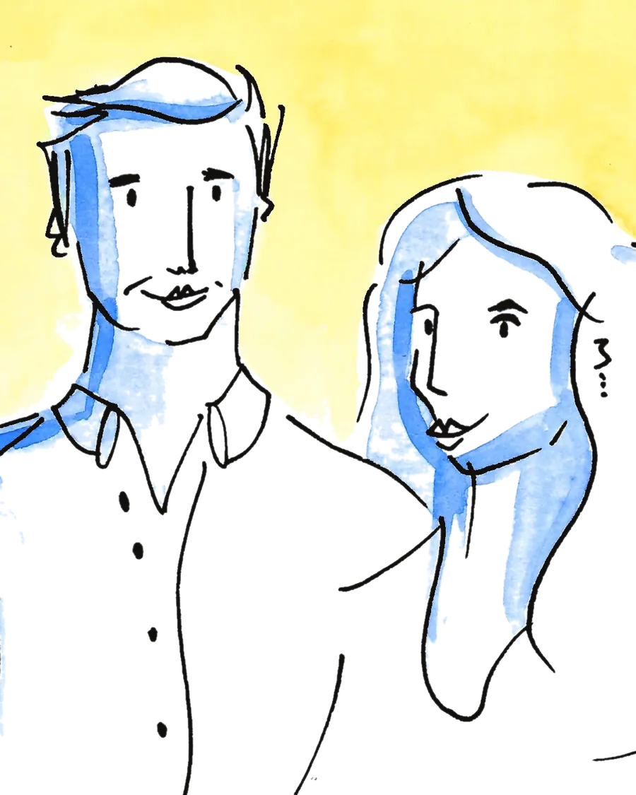 Ink and watercolour drawing of two guests in conversation, a man in an open-collared shirt and a woman with long hair, on a yellow wash