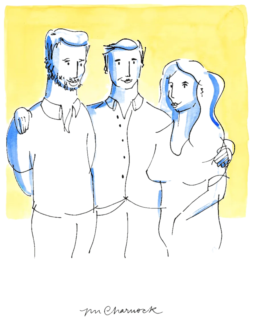Ink and watercolour drawing of three guests standing arm in arm against a yellow wash, drawn live at an event