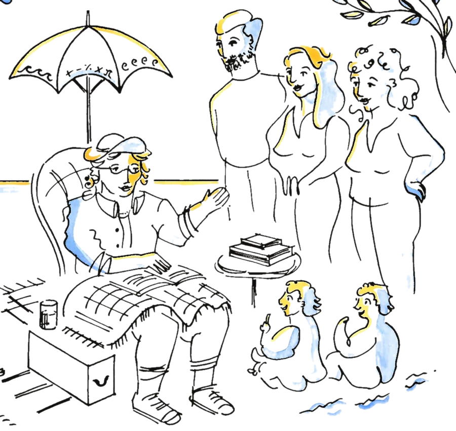Ink and watercolour drawing of the illustrator seated under a parasol with a sketchbook on his knee, a stack of finished drawings on a side table and four guests waiting to be drawn