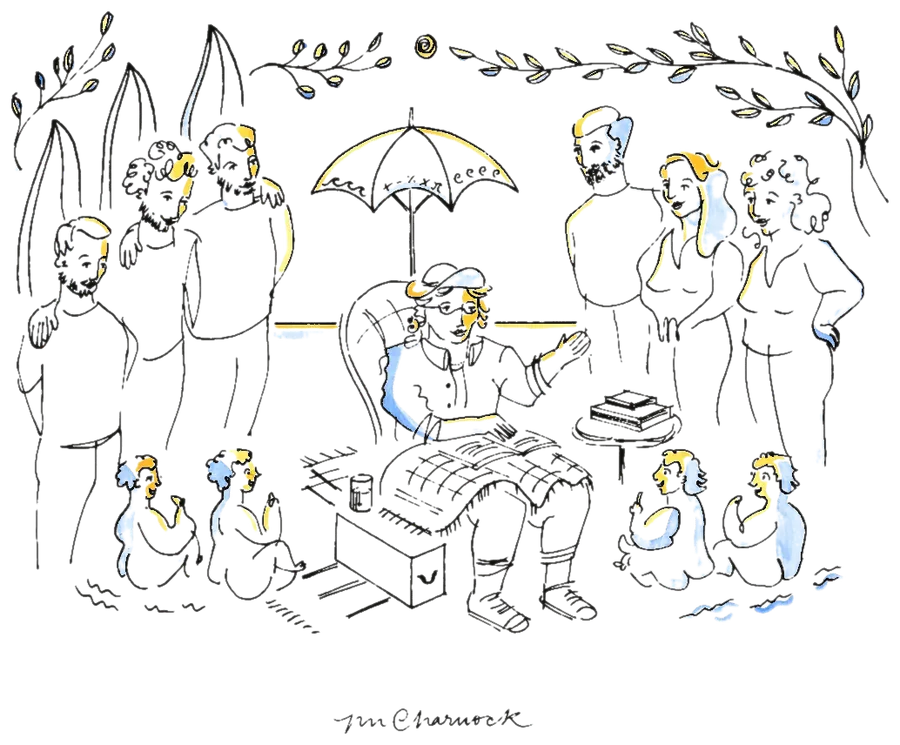 Ink and watercolour drawing of a wedding reception: guests standing in groups under a garland, with the illustrator at a small table beneath a parasol