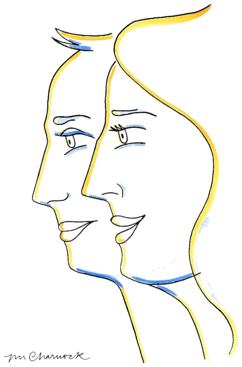 Ink and watercolour drawing of two faces in profile overlapping, drawn as one unbroken line in yellow and blue