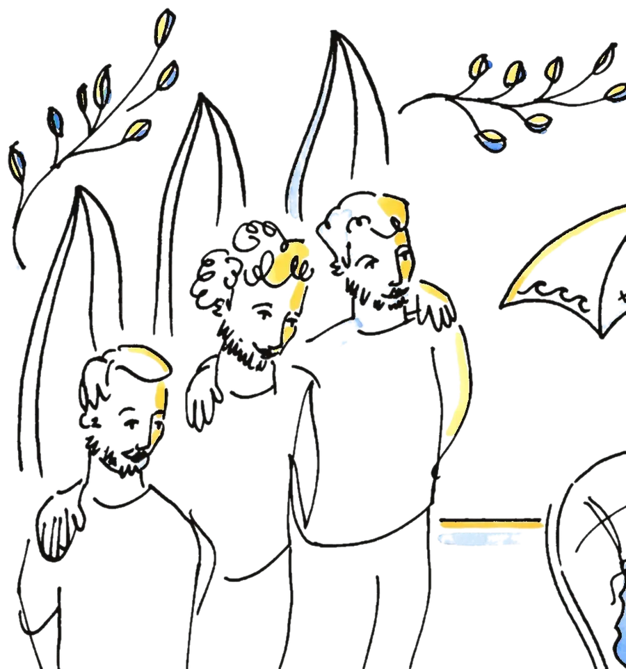 Ink and watercolour drawing of three guests standing together outdoors at a party, umbrellas and leaves behind them